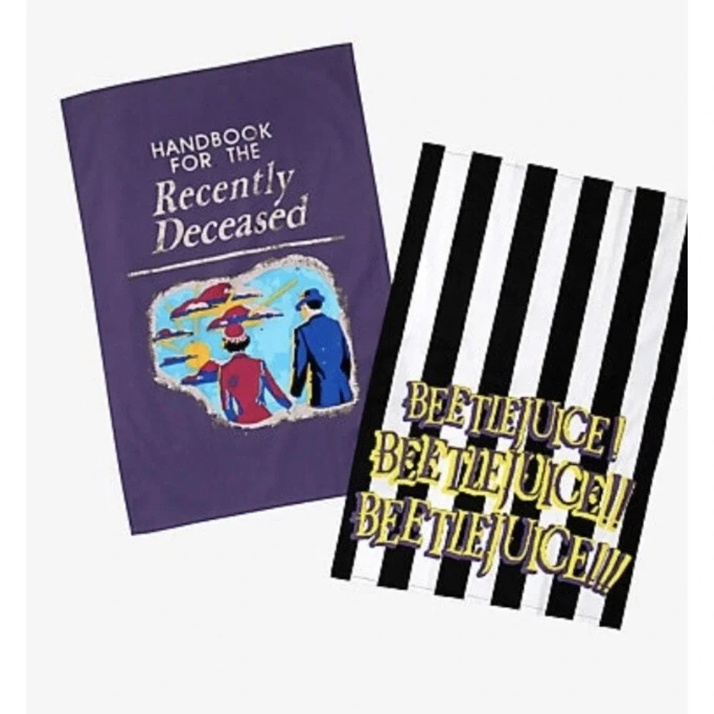 Beetlejuice Kitchen Towel Set 2 Pack NWT Handbook Recently Deceased 100% Cotton
